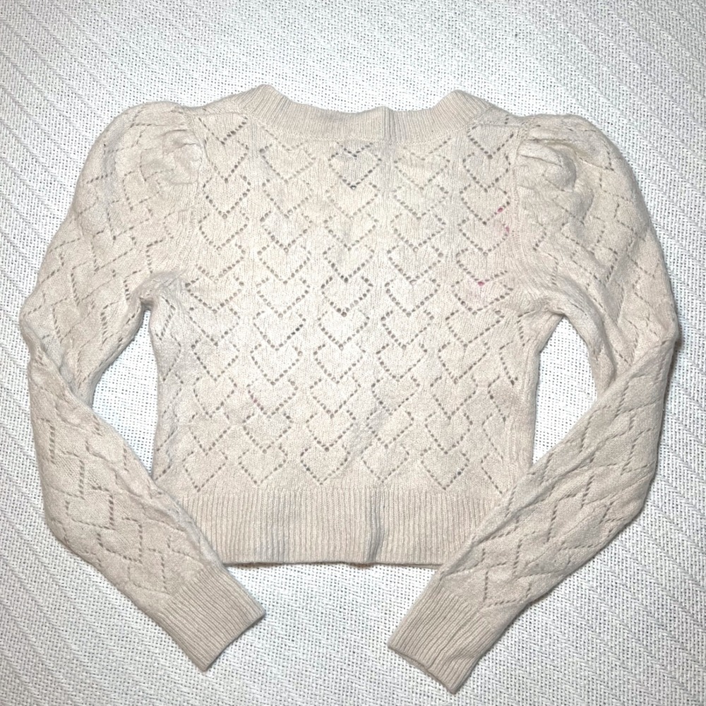 Aqua Cashmere Floral Embroidered Pointelle Heart Cardigan Cream Ivory Medium - Picture 3 of 7